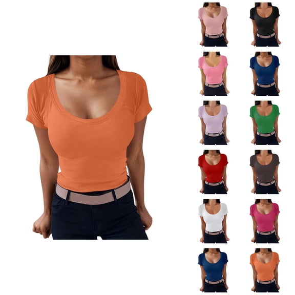 Womens T Shirts Summer Tops 2025 Solid Color Scoop Neck Slim Fit Ribbed Knit Basic Tees Tshirts Shirts for Women