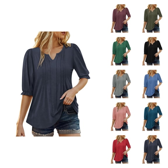 Womens T Shirts Summer Tops 2025 Solid Color Short Puff Sleeve V-Neck Pleated Front Tees Tshirts Shirts for Women