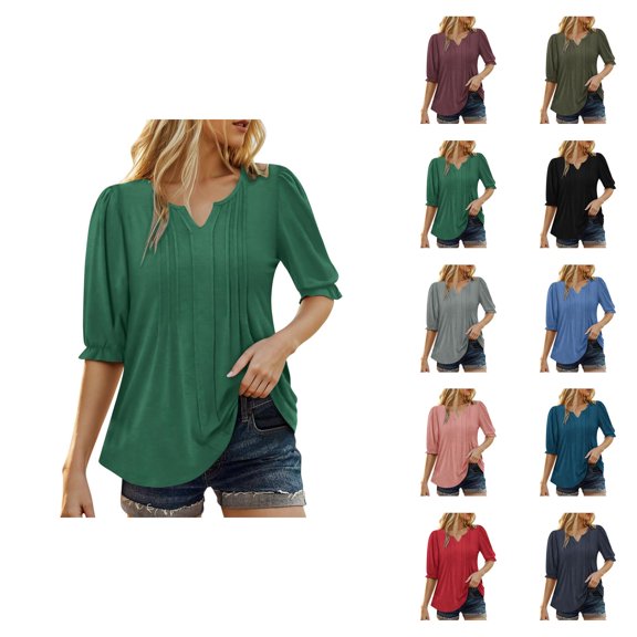 Womens T Shirts Summer Tops 2025 Solid Color Short Puff Sleeve V-Neck Pleated Front Tees Tshirts Shirts for Women