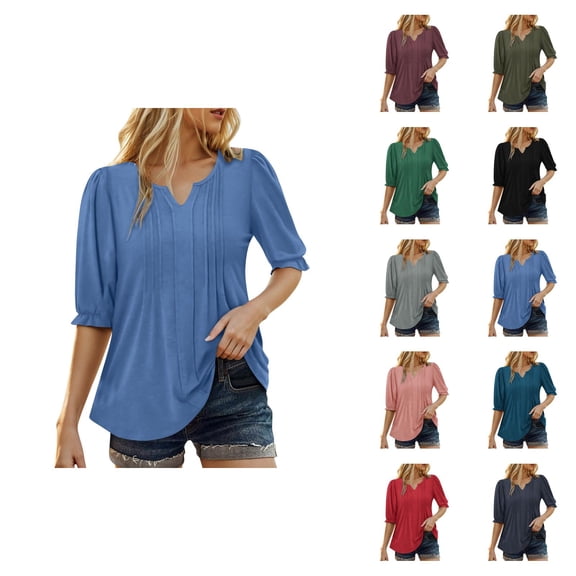 Womens T Shirts Summer Tops 2025 Solid Color Short Puff Sleeve V-Neck Pleated Front Tees Tshirts Shirts for Women