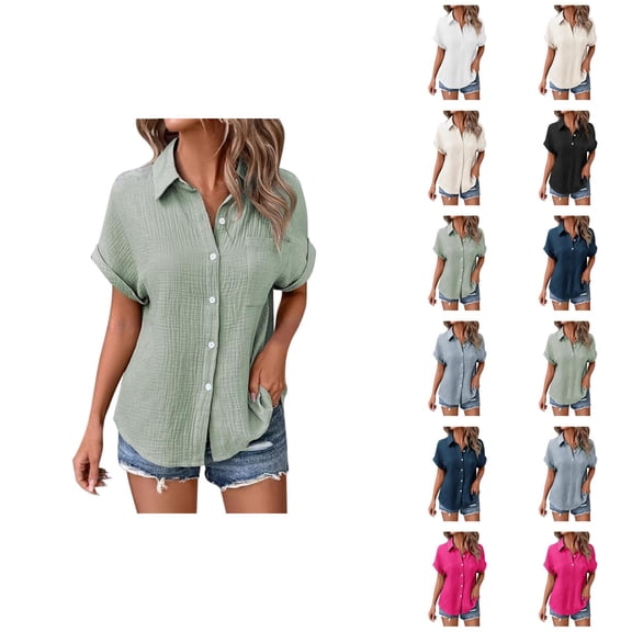 Womens T Shirts Summer Tops 2025 Solid Color Short Sleeve Button Down Lapel Blouse Tees Tshirts Shirts for Women