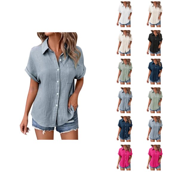 Womens T Shirts Summer Tops 2025 Solid Color Short Sleeve Button Down Lapel Blouse Tees Tshirts Shirts for Women