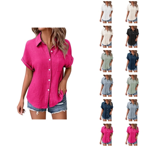 Womens T Shirts Summer Tops 2025 Solid Color Short Sleeve Button Down Lapel Blouse Tees Tshirts Shirts for Women
