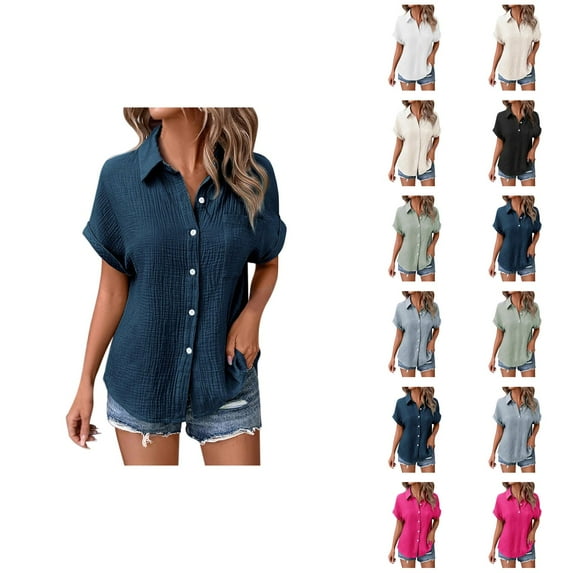 Womens T Shirts Summer Tops 2025 Solid Color Short Sleeve Button Down Lapel Blouse Tees Tshirts Shirts for Women