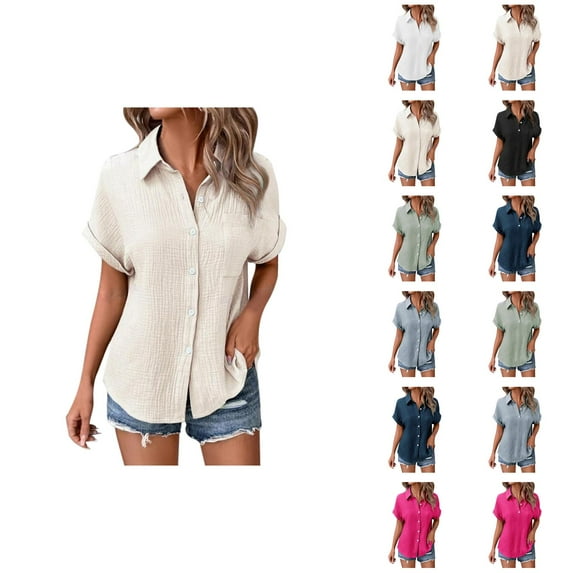 Womens T Shirts Summer Tops 2025 Solid Color Short Sleeve Button Down Lapel Blouse Tees Tshirts Shirts for Women