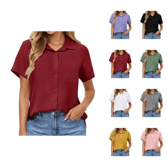 Womens T Shirts Summer Tops 2025 Solid Color Short Sleeve Button Down Lapel Linen Loose Tees Tshirts Shirts for Women