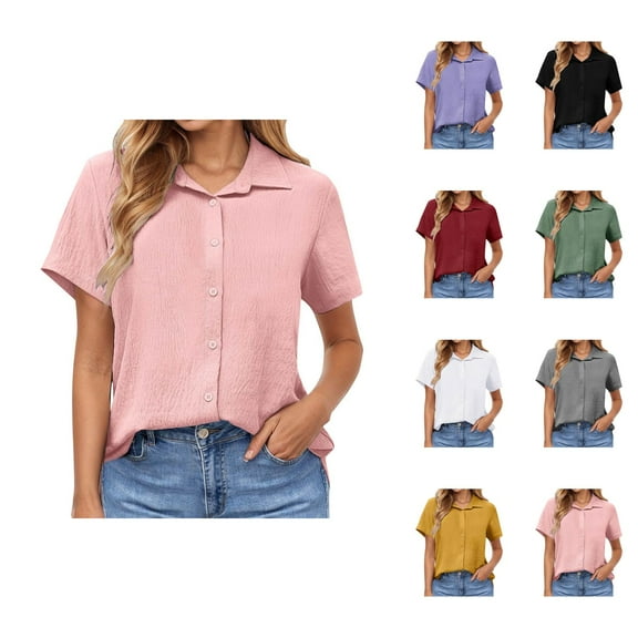 Womens T Shirts Summer Tops 2025 Solid Color Short Sleeve Button Down Lapel Linen Loose Tees Tshirts Shirts for Women