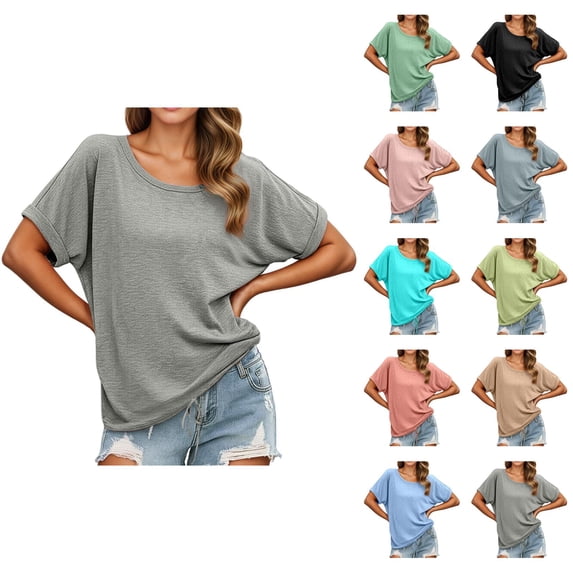 Womens T Shirts Summer Tops 2025 Solid Color Short Sleeve Crewneck Drawstring Hem Casual Tees Tshirts Shirts for Women