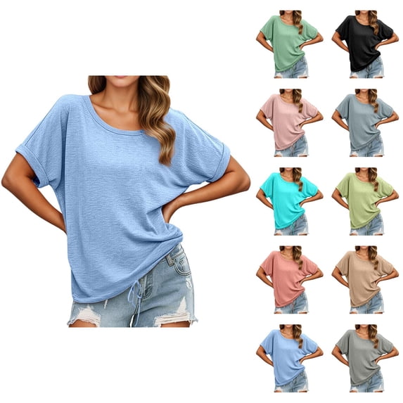 Womens T Shirts Summer Tops 2025 Solid Color Short Sleeve Crewneck Drawstring Hem Casual Tees Tshirts Shirts for Women