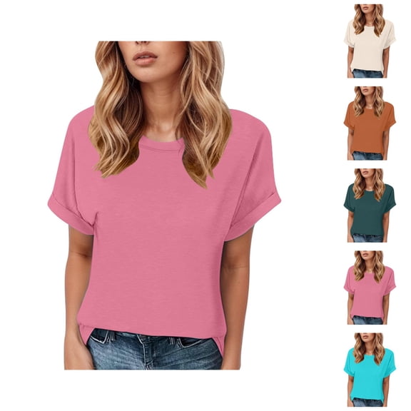 Womens T Shirts Summer Tops 2025 Solid Color Short Sleeve Crewneck Lightweight Loose Tees Tshirts Shirts for Women