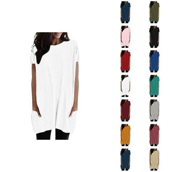 Womens T Shirts Summer Tops 2025 Solid Color Short Sleeve Crewneck Long Tees with Pockets Tshirts Shirts for Women