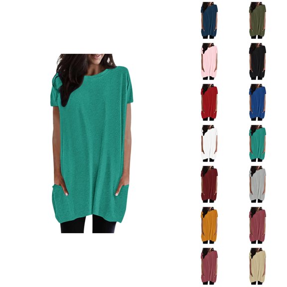 Womens T Shirts Summer Tops 2025 Solid Color Short Sleeve Crewneck Long Tees with Pockets Tshirts Shirts for Women