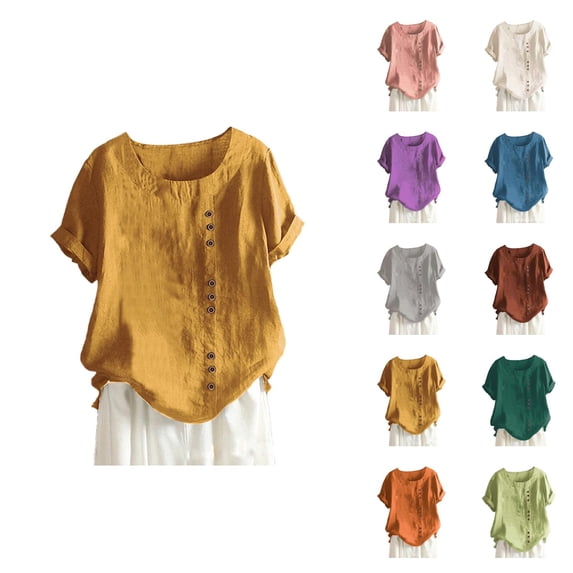 Womens T Shirts Summer Tops 2025 Solid Color Short Sleeve Crewneck Loose Linen Casual Tees Tshirts Shirts for Women