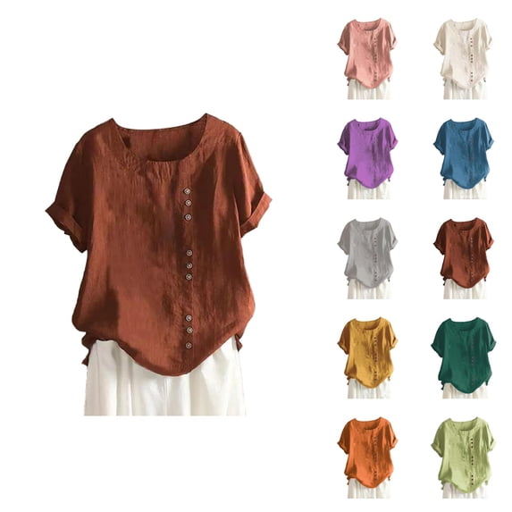 Womens T Shirts Summer Tops 2025 Solid Color Short Sleeve Crewneck Loose Linen Casual Tees Tshirts Shirts for Women