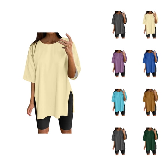 Womens T Shirts Summer Tops 2025 Solid Color Short Sleeve Crewneck Side Slit Loose Tees Tshirts Shirts for Women