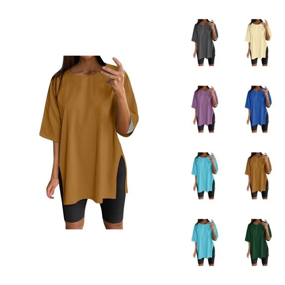Womens T Shirts Summer Tops 2025 Solid Color Short Sleeve Crewneck Side Slit Loose Tees Tshirts Shirts for Women