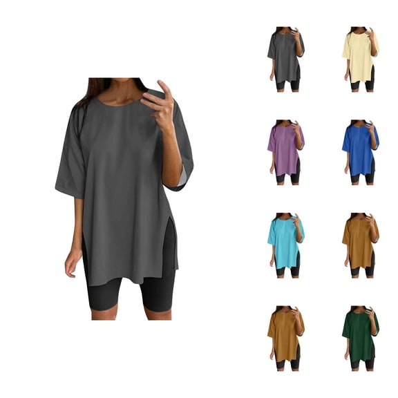 Womens T Shirts Summer Tops 2025 Solid Color Short Sleeve Crewneck Side Slit Loose Tees Tshirts Shirts for Women