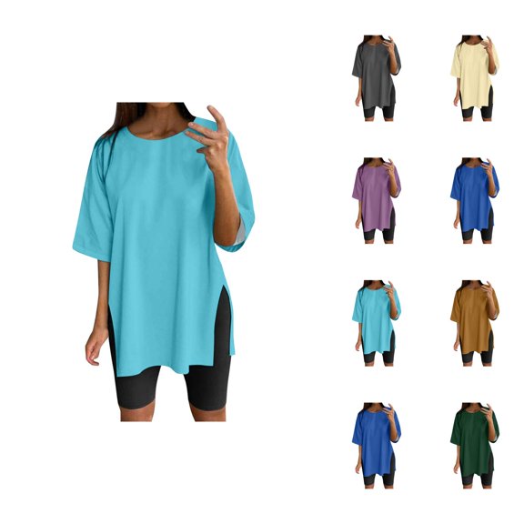 Womens T Shirts Summer Tops 2025 Solid Color Short Sleeve Crewneck Side Slit Loose Tees Tshirts Shirts for Women