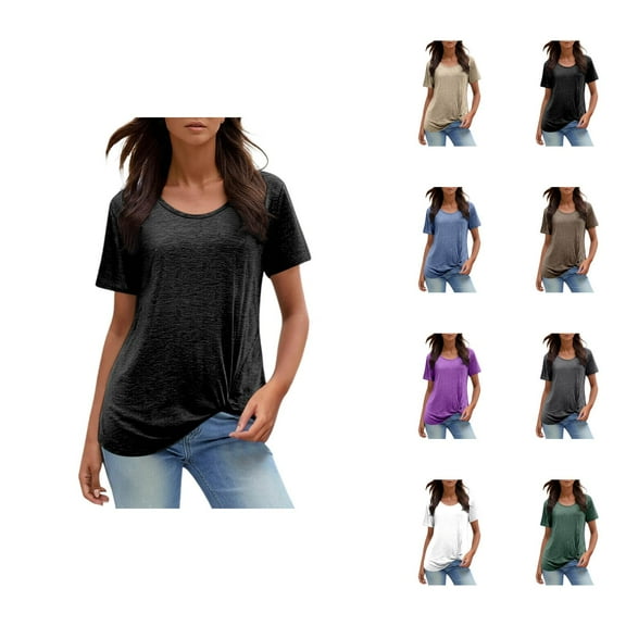 Womens T Shirts Summer Tops 2025 Solid Color Short Sleeve Crewneck Twist Knot Hem Casual Tees Tshirts Shirts for Women