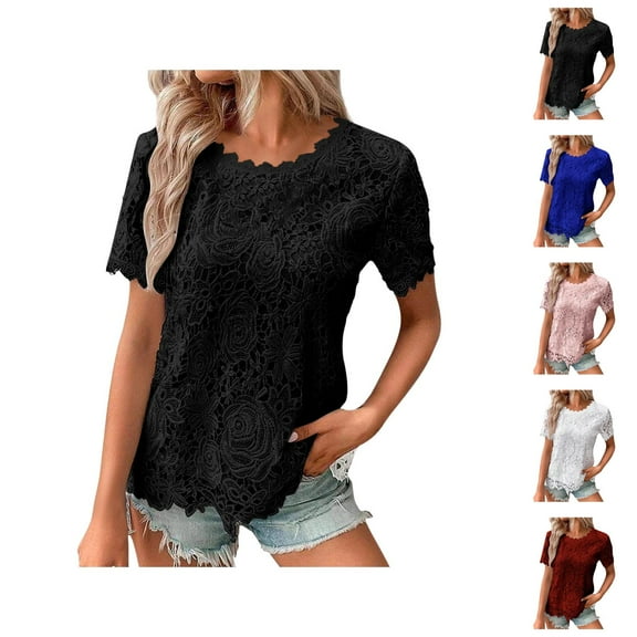 Womens T Shirts Summer Tops 2025 Solid Color Short Sleeve Crewneck Wave Trim Lace Casual Tees Tshirts Shirts for Women