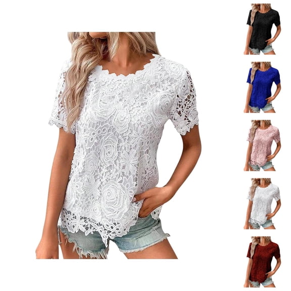 Womens T Shirts Summer Tops 2025 Solid Color Short Sleeve Crewneck Wave Trim Lace Casual Tees Tshirts Shirts for Women