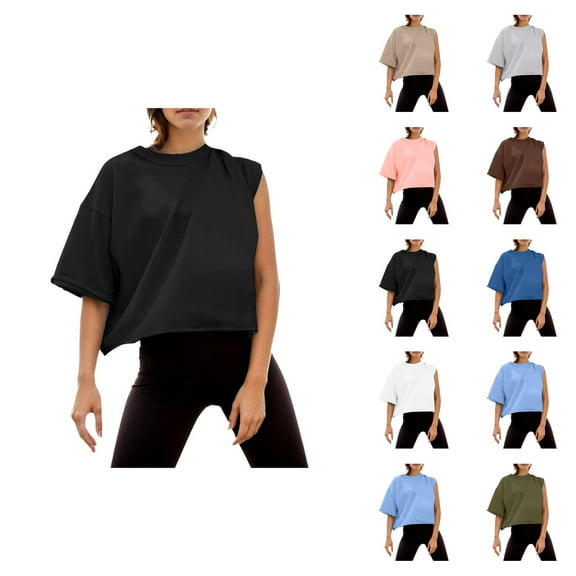 Womens T Shirts Summer Tops 2025 Solid Color Short Sleeve Loose Fit Cropped Yoga Sports Tees Tshirts Shirts for Women