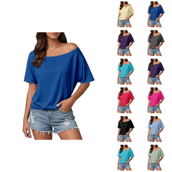 Womens T Shirts Summer Tops 2025 Solid Color Short Sleeve Off Shoulder Casual Stylish Tees Tshirts Shirts for Women