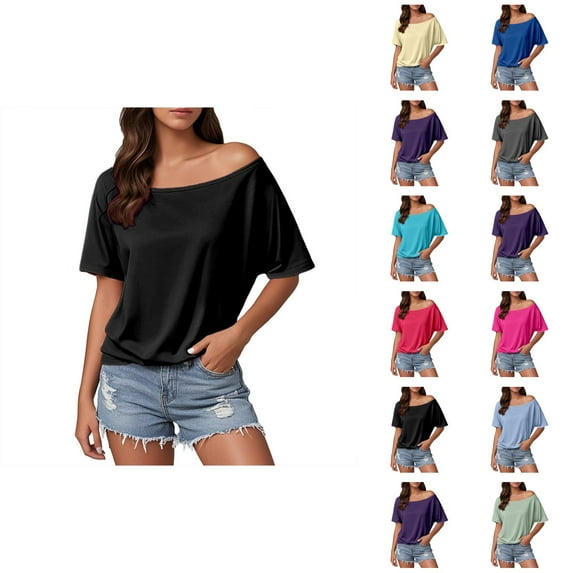Womens T Shirts Summer Tops 2025 Solid Color Short Sleeve Off Shoulder Casual Stylish Tees Tshirts Shirts for Women