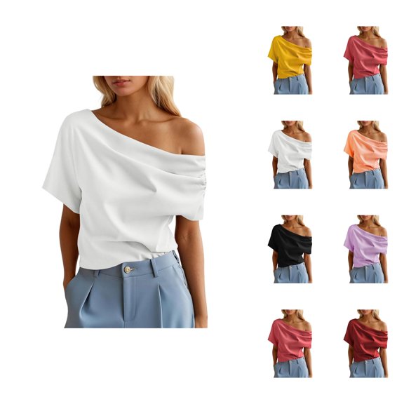Womens T Shirts Summer Tops 2025 Solid Color Short Sleeve One Shoulder Ruffled Stylish Tees Tshirts Shirts for Women