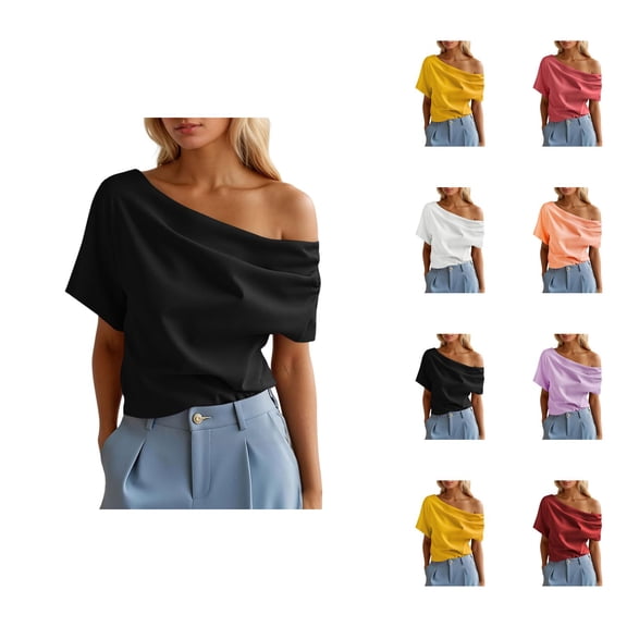 Womens T Shirts Summer Tops 2025 Solid Color Short Sleeve One Shoulder Ruffled Stylish Tees Tshirts Shirts for Women