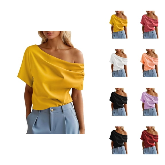 Womens T Shirts Summer Tops 2025 Solid Color Short Sleeve One Shoulder Ruffled Stylish Tees Tshirts Shirts for Women