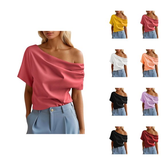 Womens T Shirts Summer Tops 2025 Solid Color Short Sleeve One Shoulder Ruffled Stylish Tees Tshirts Shirts for Women