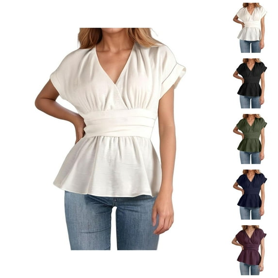 Womens T Shirts Summer Tops 2025 Solid Color Short Sleeve V-Neck Elastic Waist Pleated Tees Tshirts Shirts for Women