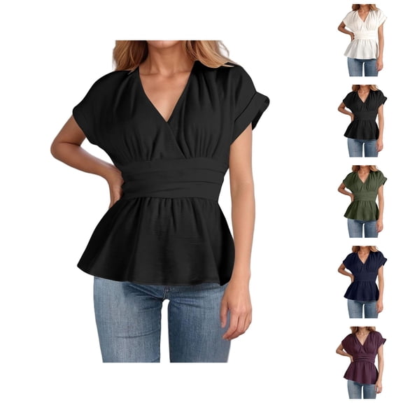 Womens T Shirts Summer Tops 2025 Solid Color Short Sleeve V-Neck Elastic Waist Pleated Tees Tshirts Shirts for Women