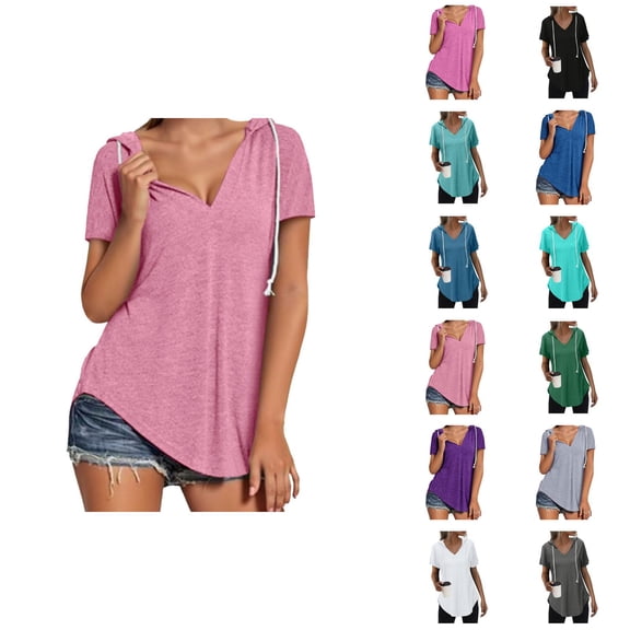 Womens T Shirts Summer Tops 2025 Solid Color Short Sleeve V-Neck Hooded Tees Hoodie Pullover Tshirts Shirts for Women