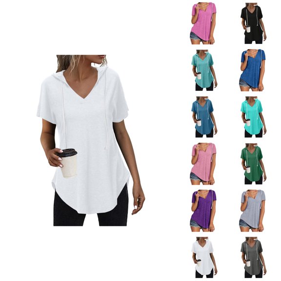 Womens T Shirts Summer Tops 2025 Solid Color Short Sleeve V-Neck Hooded Tees Hoodie Pullover Tshirts Shirts for Women