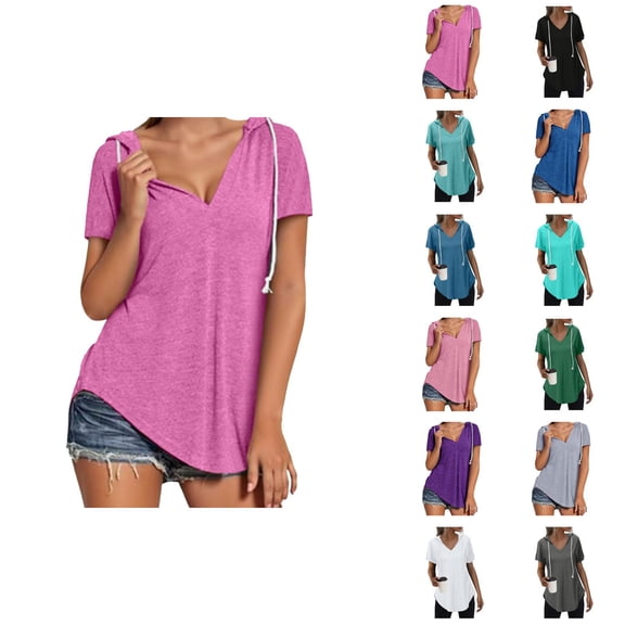 Womens T Shirts Summer Tops 2025 Solid Color Short Sleeve V-Neck Hooded Tees Hoodie Pullover Tshirts Shirts for Women