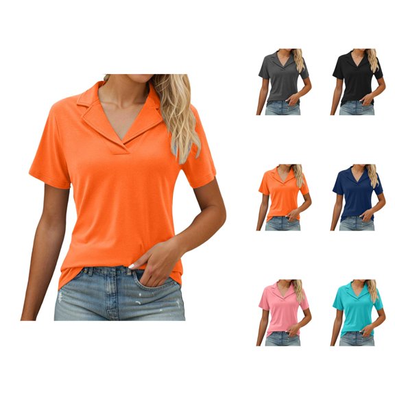 Womens T Shirts Summer Tops 2025 Solid Color Short Sleeve V-Neck Lapel Casual Basic Tees Tshirts Shirts for Women