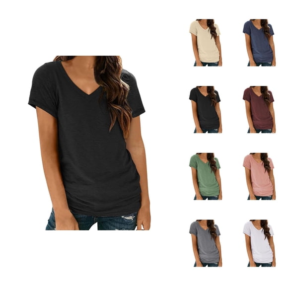 Womens T Shirts Summer Tops 2025 Solid Color Short Sleeve V-Neck Lightweight Loose Tees Tshirts Shirts for Women