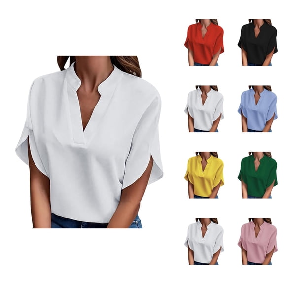 Womens T Shirts Summer Tops 2025 Solid Color Short Sleeve V-Neck Loose Stylish Tees Tshirts Shirts for Women