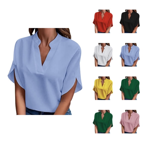 Womens T Shirts Summer Tops 2025 Solid Color Short Sleeve V-Neck Loose Stylish Tees Tshirts Shirts for Women