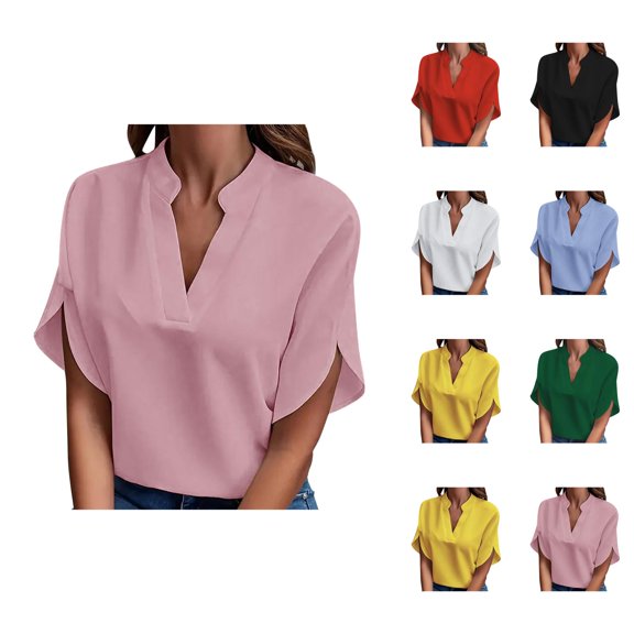 Womens T Shirts Summer Tops 2025 Solid Color Short Sleeve V-Neck Loose Stylish Tees Tshirts Shirts for Women
