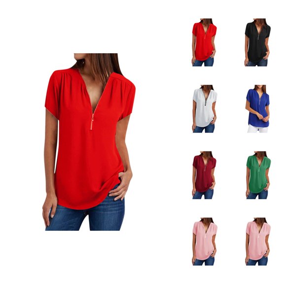 Womens T Shirts Summer Tops 2025 Solid Color Short Sleeve Zipper V-Neck Loose Casual Tees Tshirts Shirts for Women