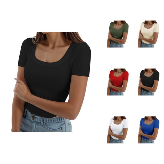 Womens T Shirts Summer Tops 2025 Solid Color Square Neck Ribbed Knit Slim Fit Basic Tees Tshirts Shirts for Women