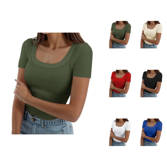Womens T Shirts Summer Tops 2025 Solid Color Square Neck Ribbed Knit Slim Fit Basic Tees Tshirts Shirts for Women