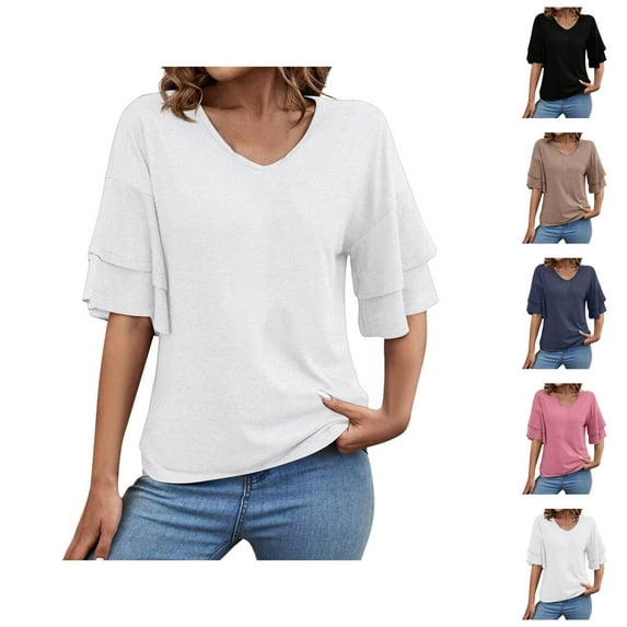 Womens T Shirts Summer Tops 2025 Solid Color V-Neck Double Layer Flared Mid Sleeve Loose Tees Tshirts Shirts for Women