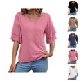 thumbnail image 1 of Womens T Shirts Summer Tops 2025 Solid Color V-Neck Double Layer Flared Mid Sleeve Loose Tees Tshirts Shirts for Women, 1 of 5