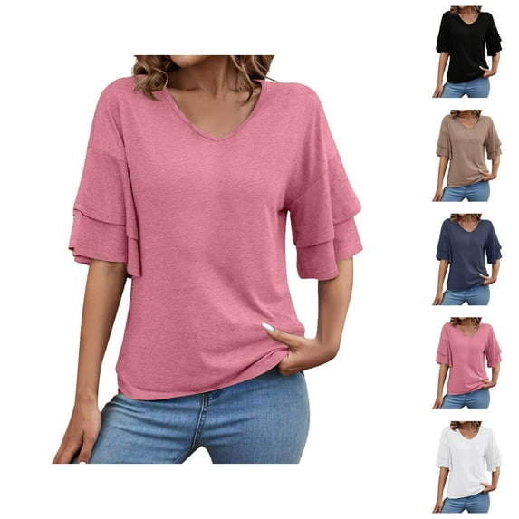 Womens T Shirts Summer Tops 2025 Solid Color V-Neck Double Layer Flared Mid Sleeve Loose Tees Tshirts Shirts for Women
