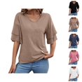 thumbnail image 1 of Womens T Shirts Summer Tops 2025 Solid Color V-Neck Double Layer Flared Mid Sleeve Loose Tees Tshirts Shirts for Women, 1 of 5