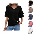 thumbnail image 1 of Womens T Shirts Summer Tops 2025 Solid Color V-Neck Double Layer Flared Mid Sleeve Loose Tees Tshirts Shirts for Women, 1 of 5